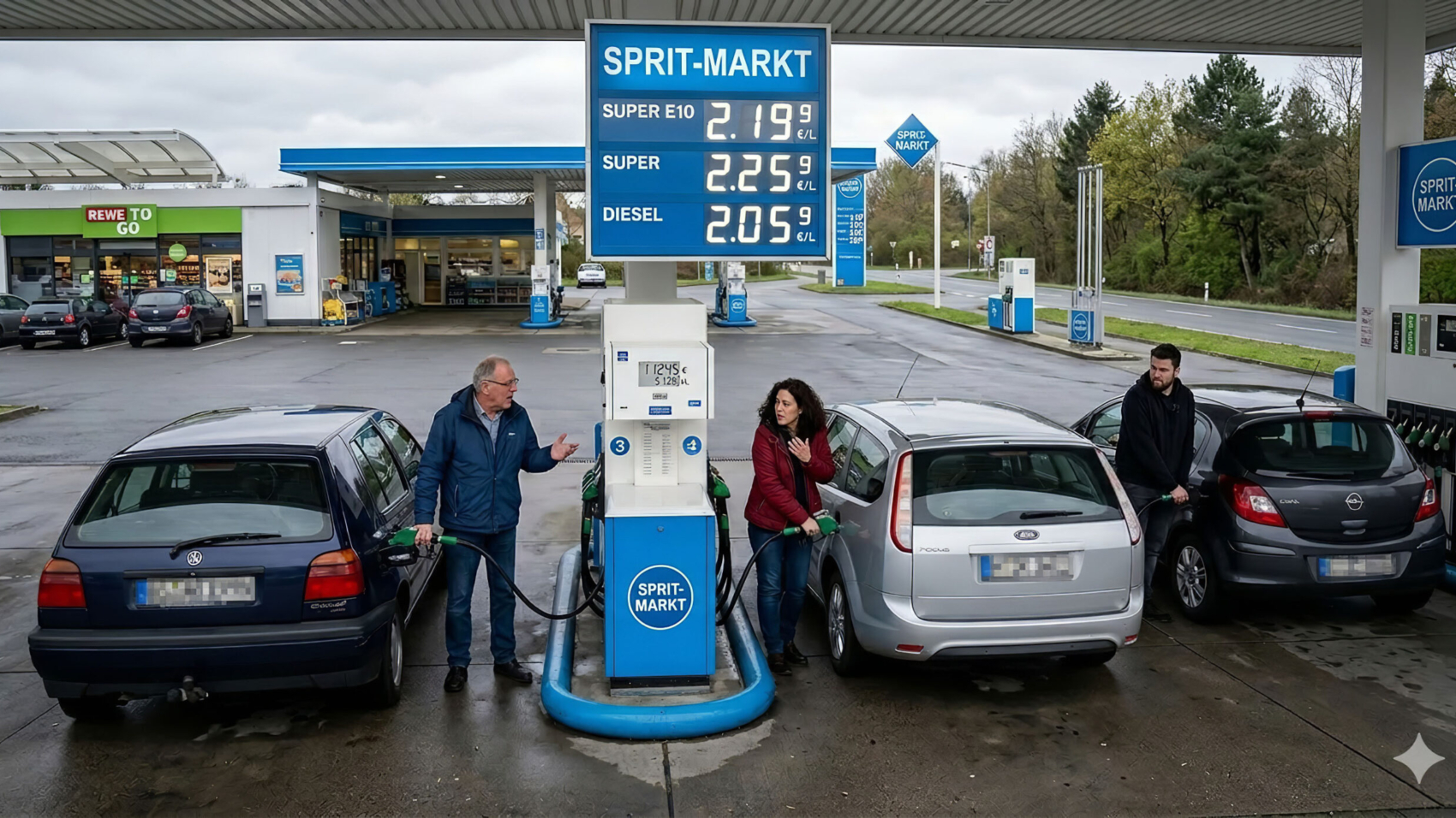 Ratlosigkeit an der Tankstelle – was tun gegen hohe Spritpreise. Foto: Google Gemini (KI)